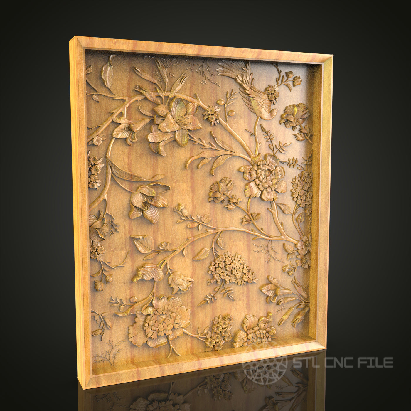 Elegant Floral Relief CNC Wood Carving, Artcam STL Model for Sophisticated Wall Decor