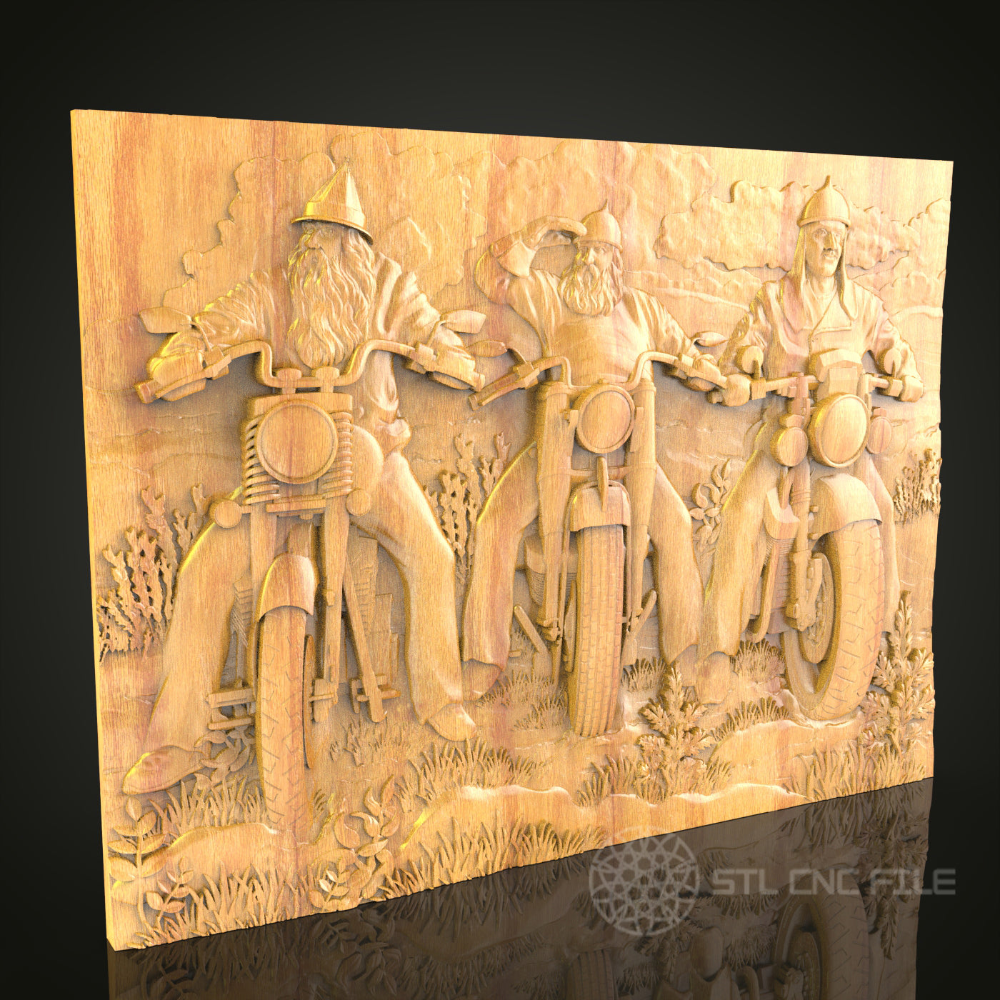 Vintage Biker Trio CNC Wood Carving, Artcam STL Model for Motorcycle Enthusiasts Wall Decor