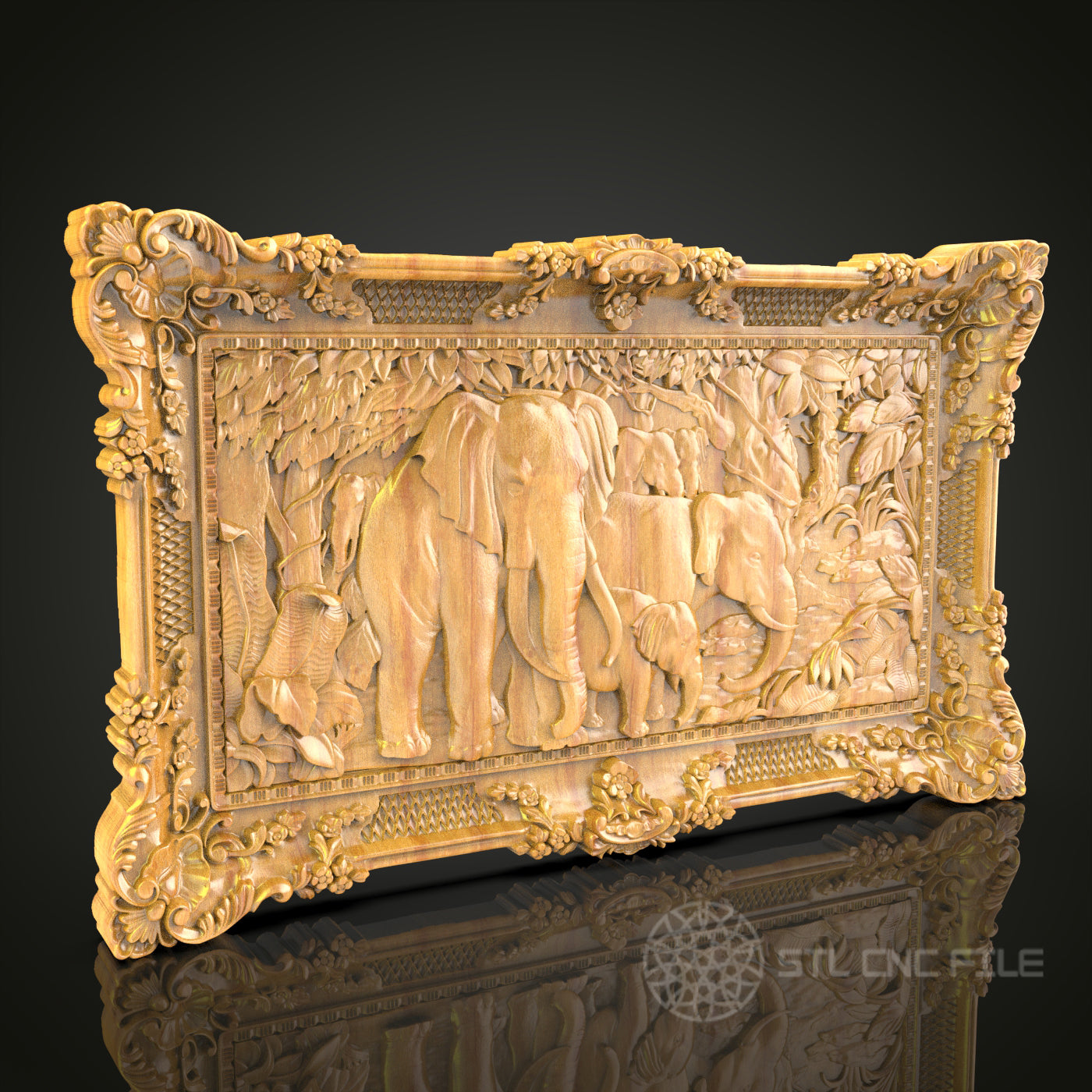 Elephant Family Relief - CNC Carved Wood Panel, Ornate Frame, Artcam/Aspire STL File