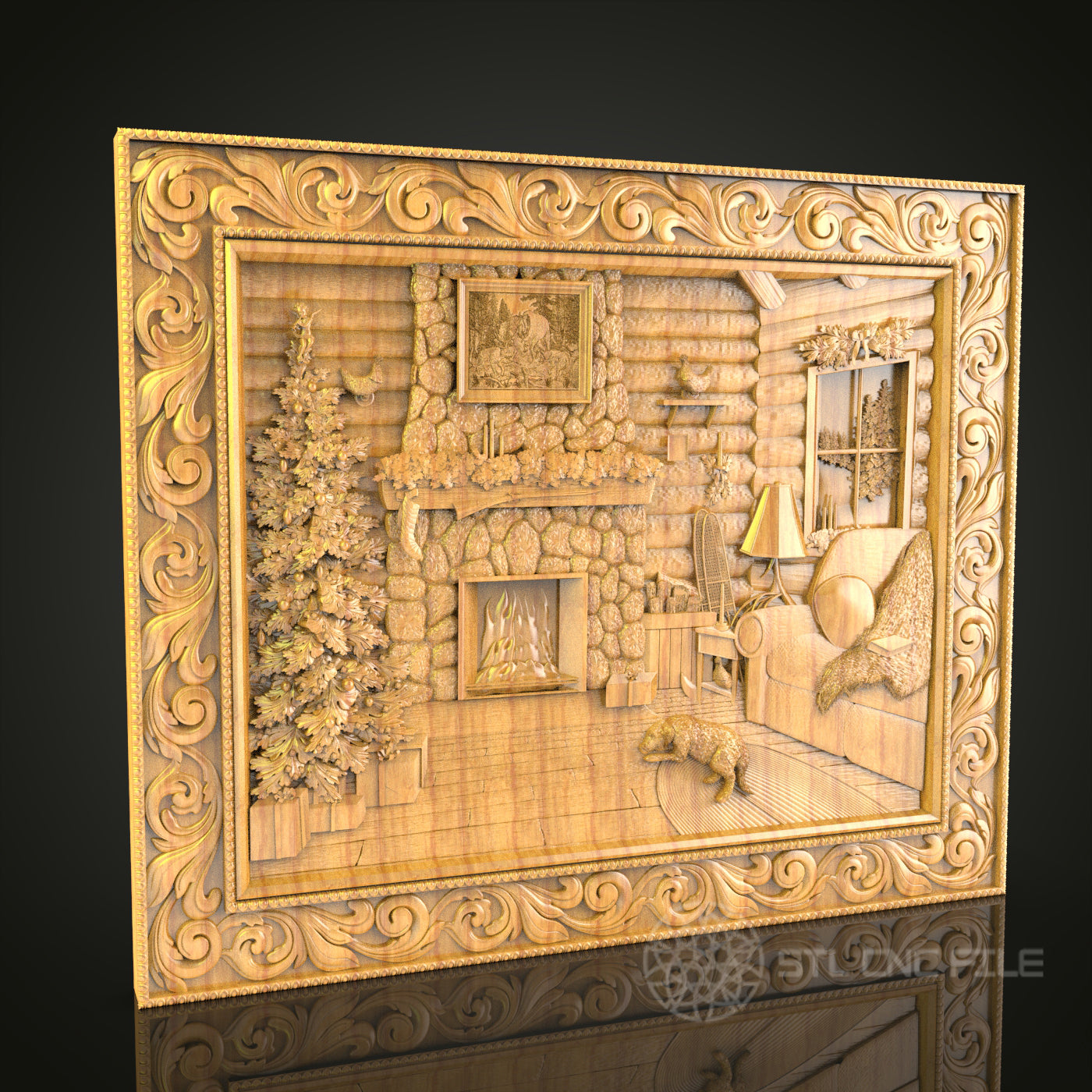 Cozy Cabin Interior Scene - CNC Carved Wood Panel, Rustic Home Decor, STL File for Artcam/Aspire