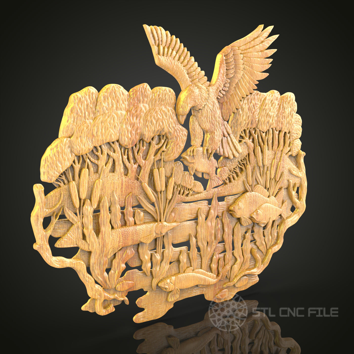 Nature's Symphony CNC Carved Wood Panel, Artcam STL Model of Eagle, Trees & Fish for Wall Decor