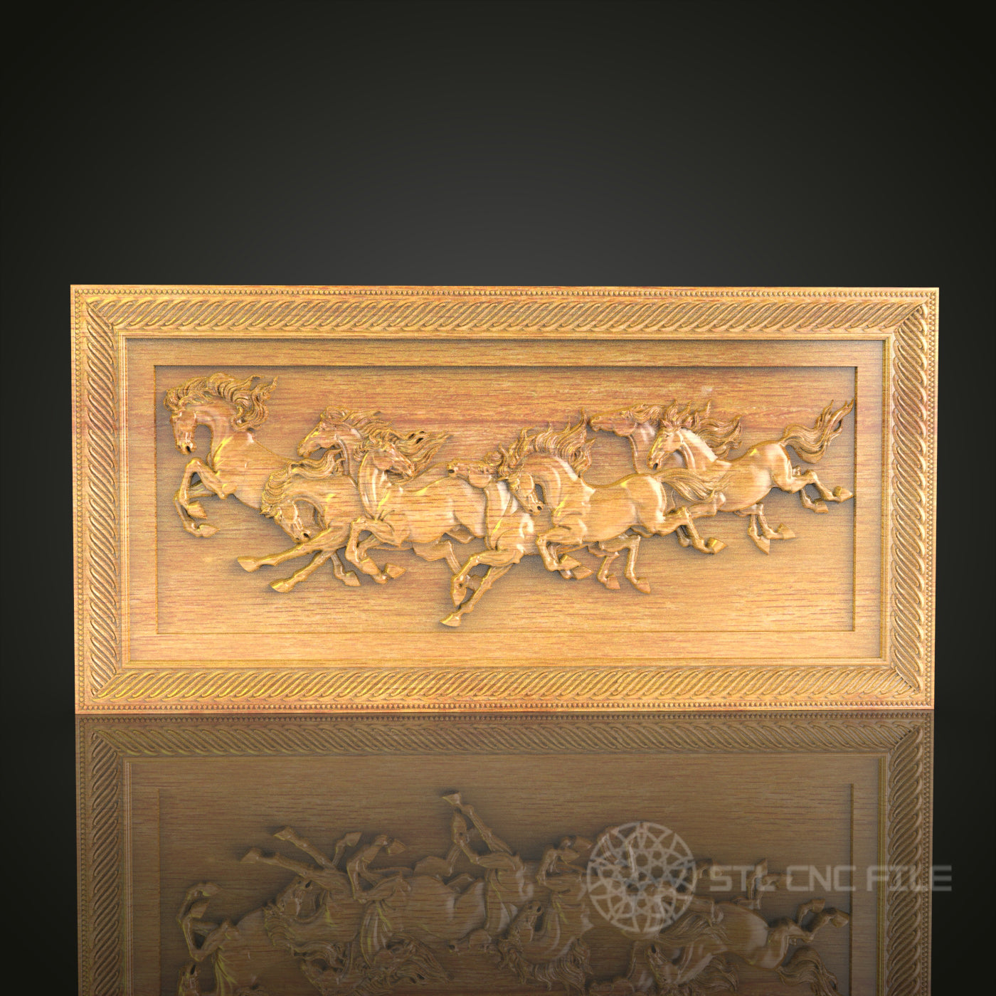 Stampede of Horses CNC Carved Wood Panel, Artcam STL Model for Dynamic Equestrian Decor