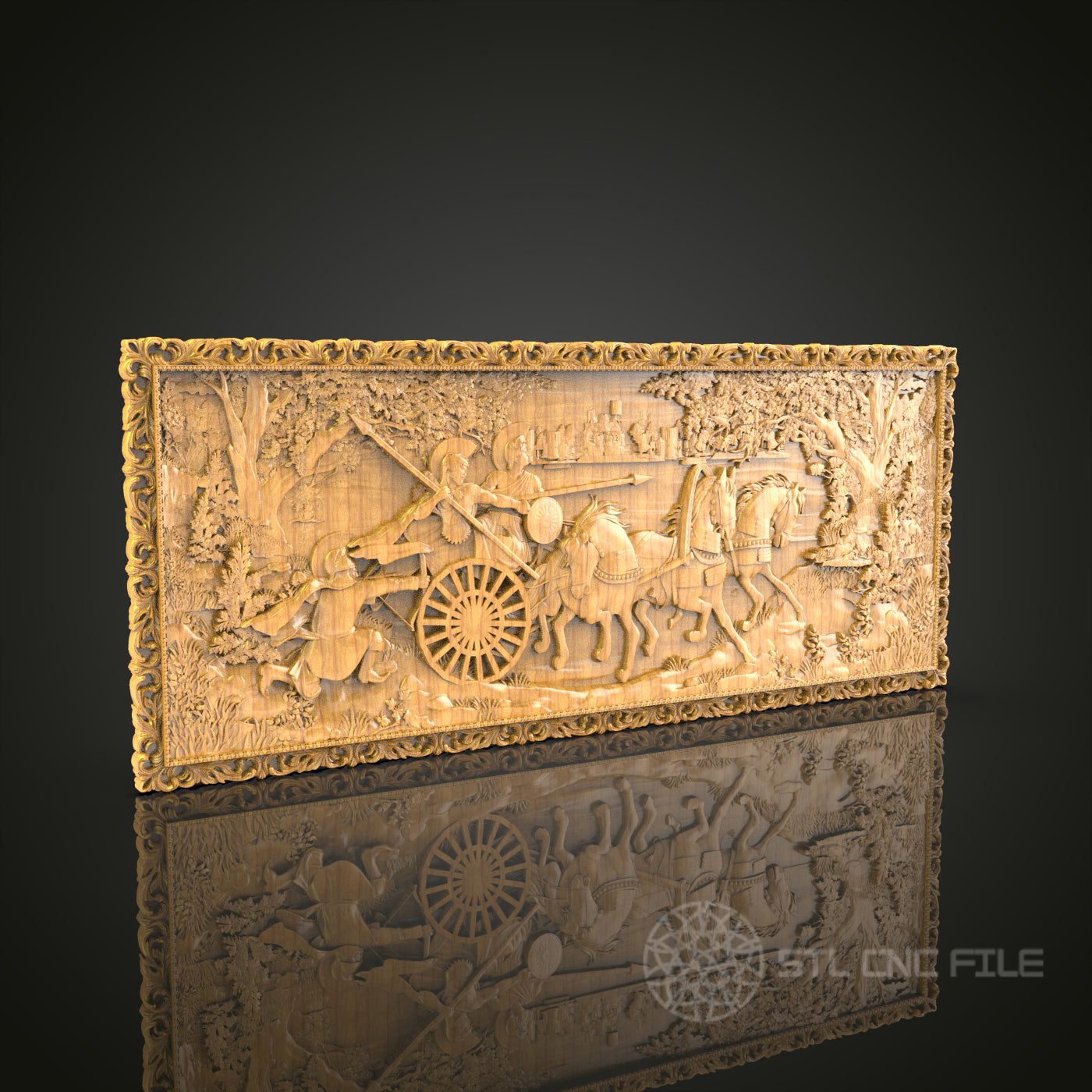 Ancient Chariot Race: CNC Carved Historical Scene, STL Model, Decorative Wall Art