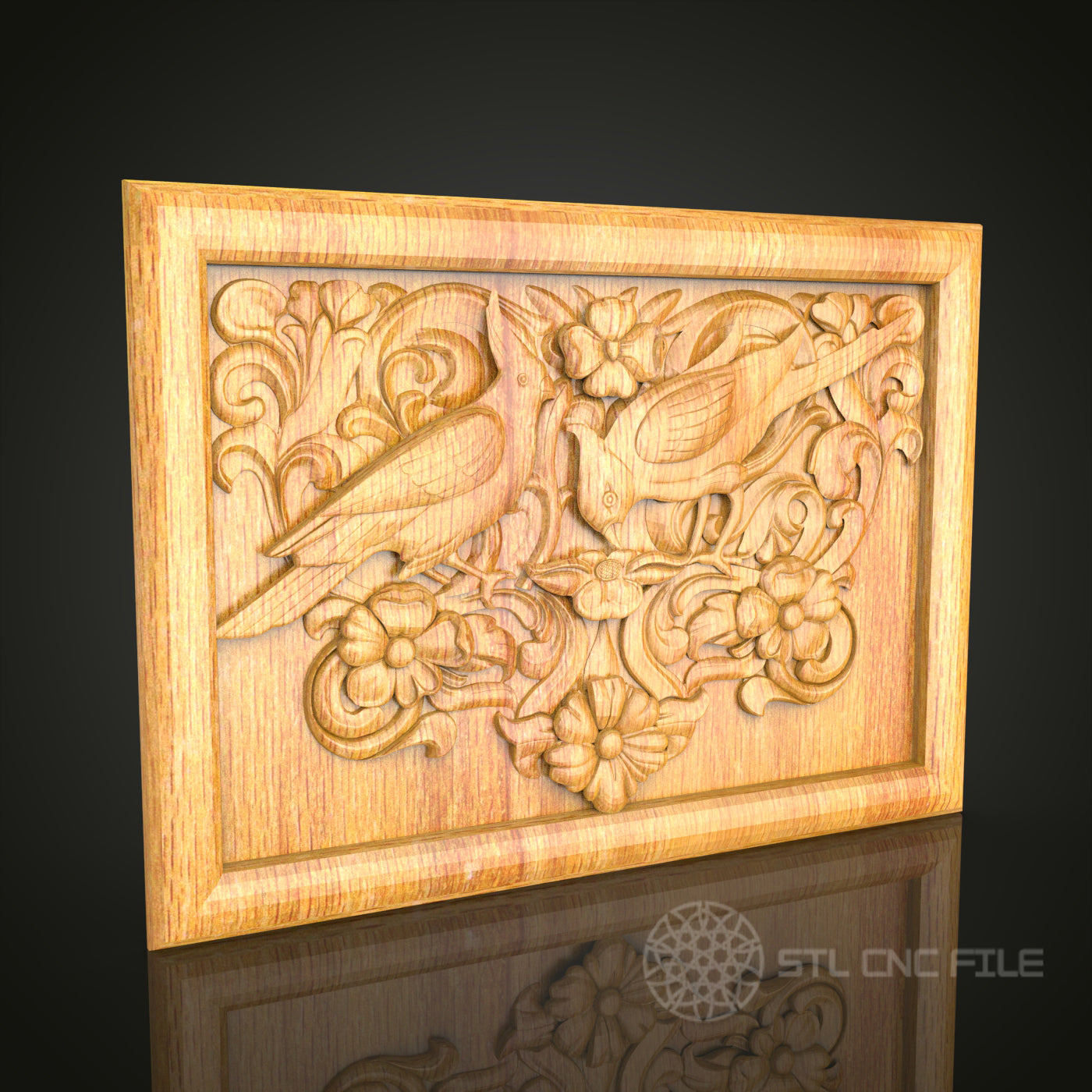 Graceful Birds and Florals CNC Carved Wood Panel, Artcam STL Model for Delicate Wall Decor