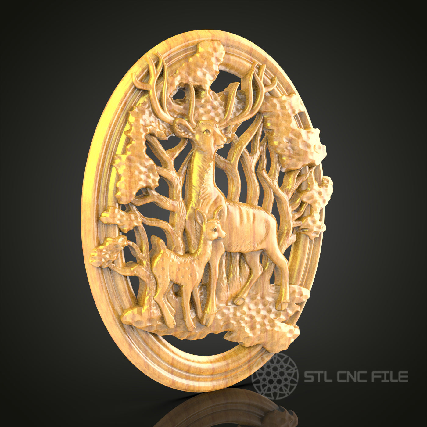 Majestic Deer Forest Scene - CNC Router Engraved Wooden Wall Art, STL Model File Available