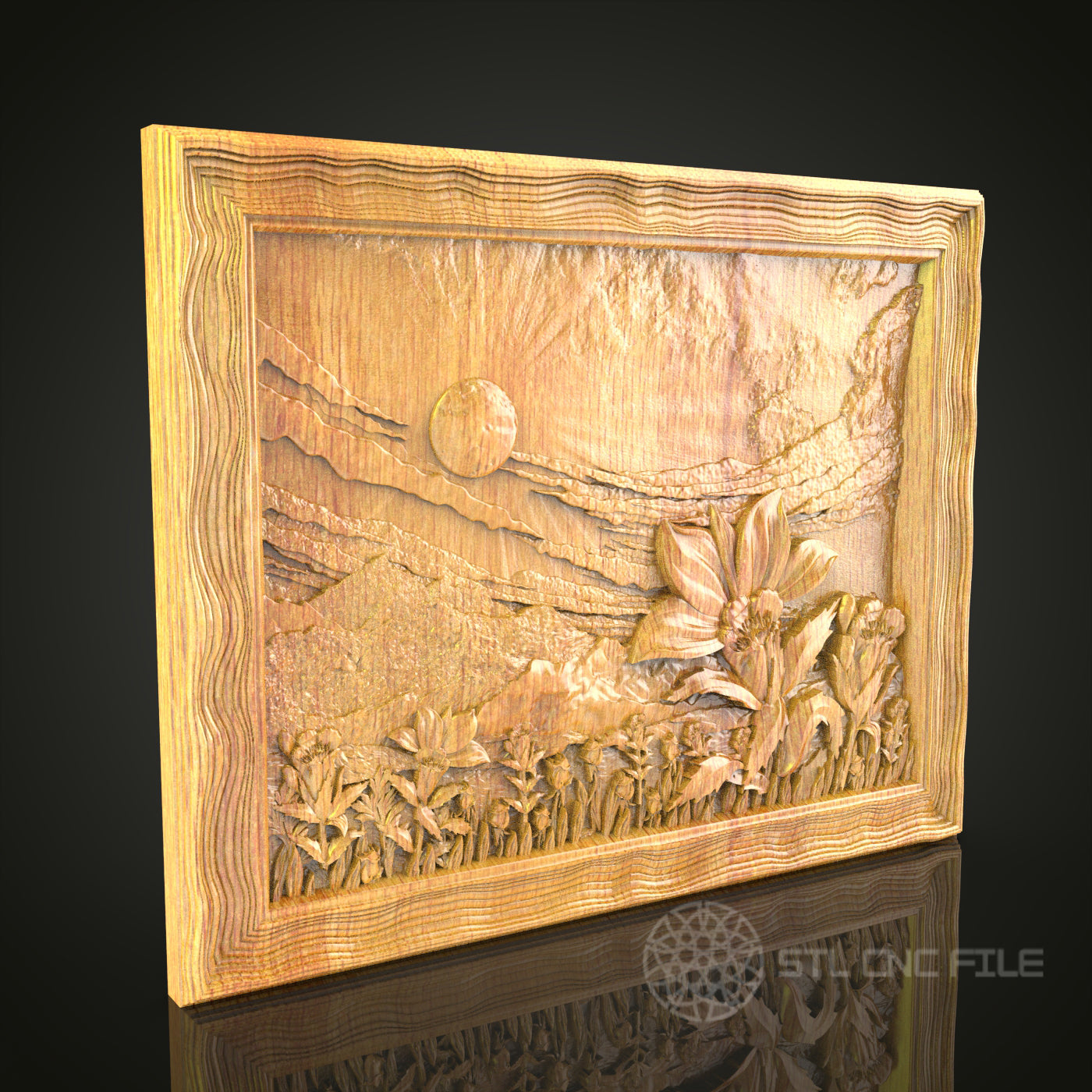 Sunset Landscape Wall Art - CNC Carved Wood, STL Model, Nature Inspired Decor