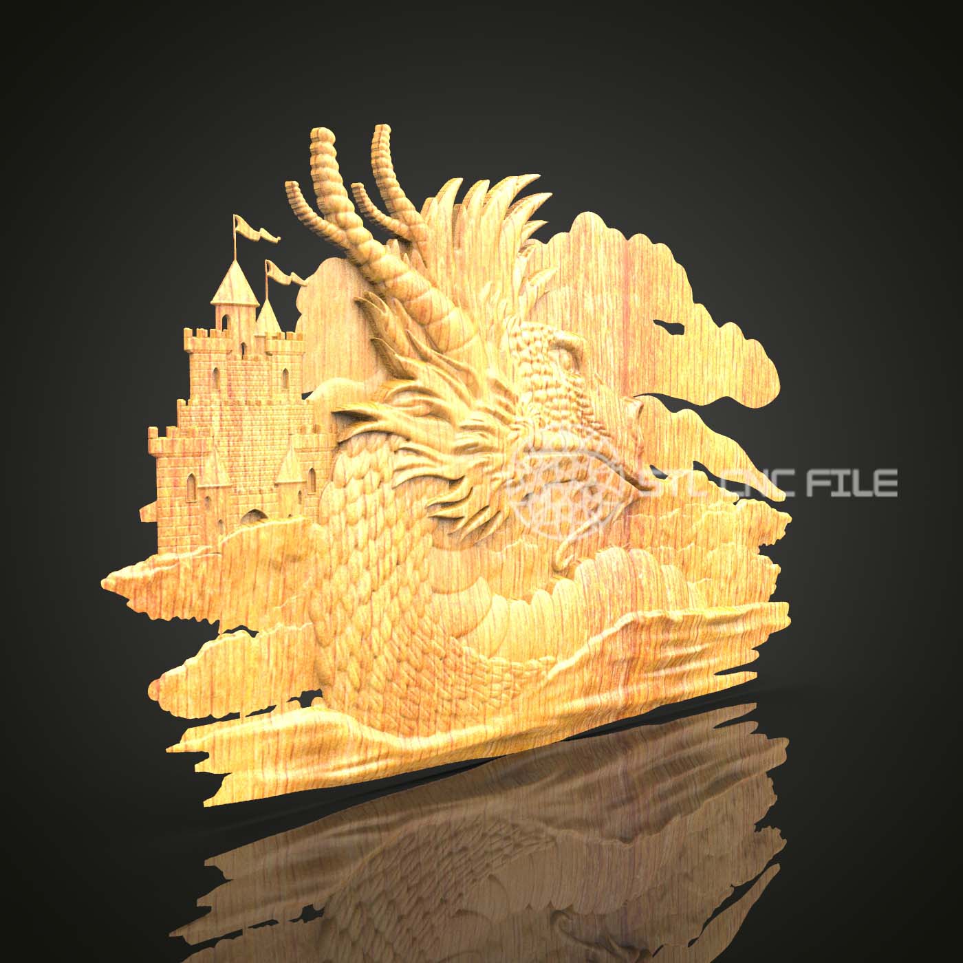 Fantasy Dragon and Castle 3D STL Model, CNC Woodworking File, Engraving Art, Mythical Wall Decor, Router Design for Craftsmen