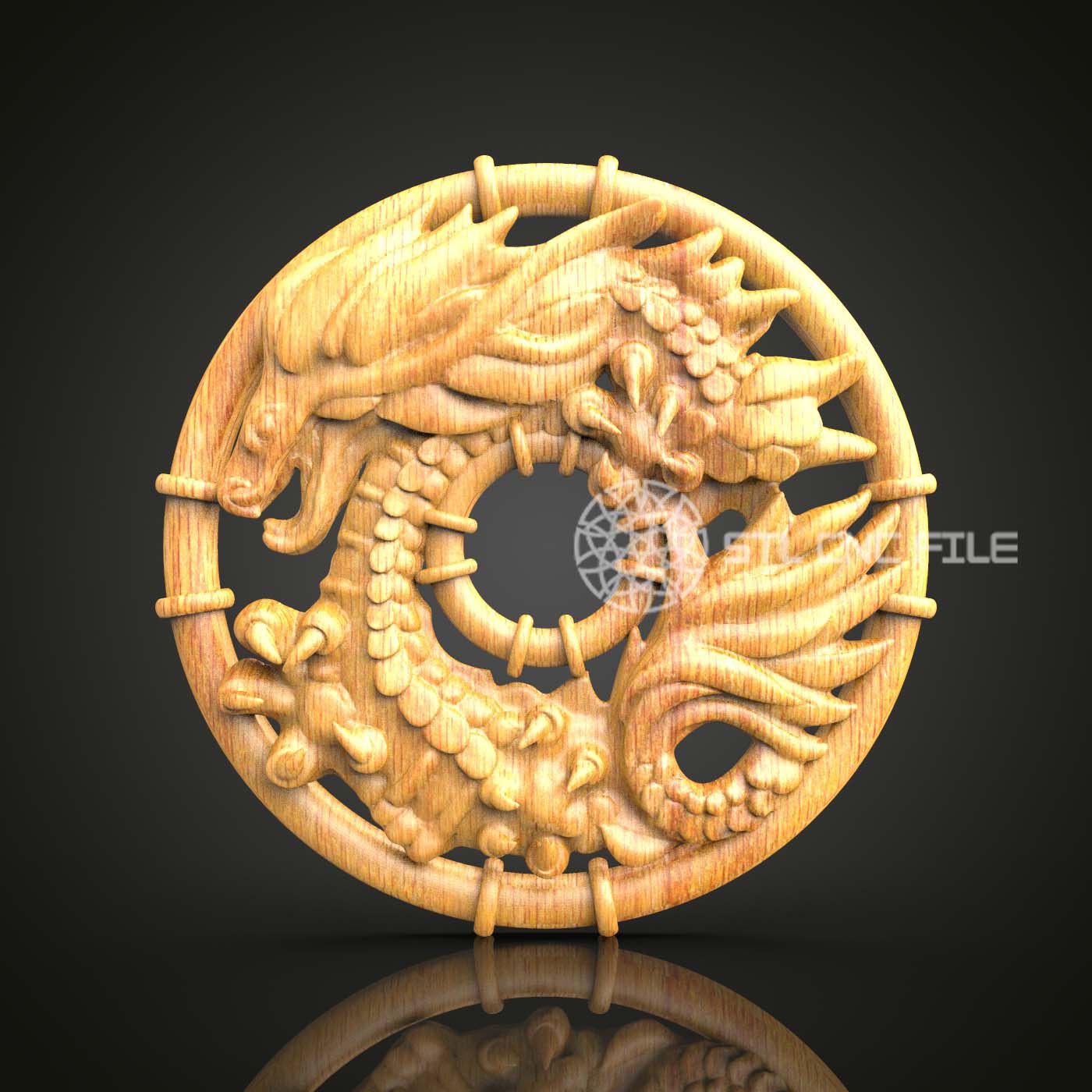 Interwoven Dragon Ring 3D STL Model, CNC Wood Engraving, Circular Mythical Art, Artcam Aspire, Fantasy Wall Decor, CNC Router File