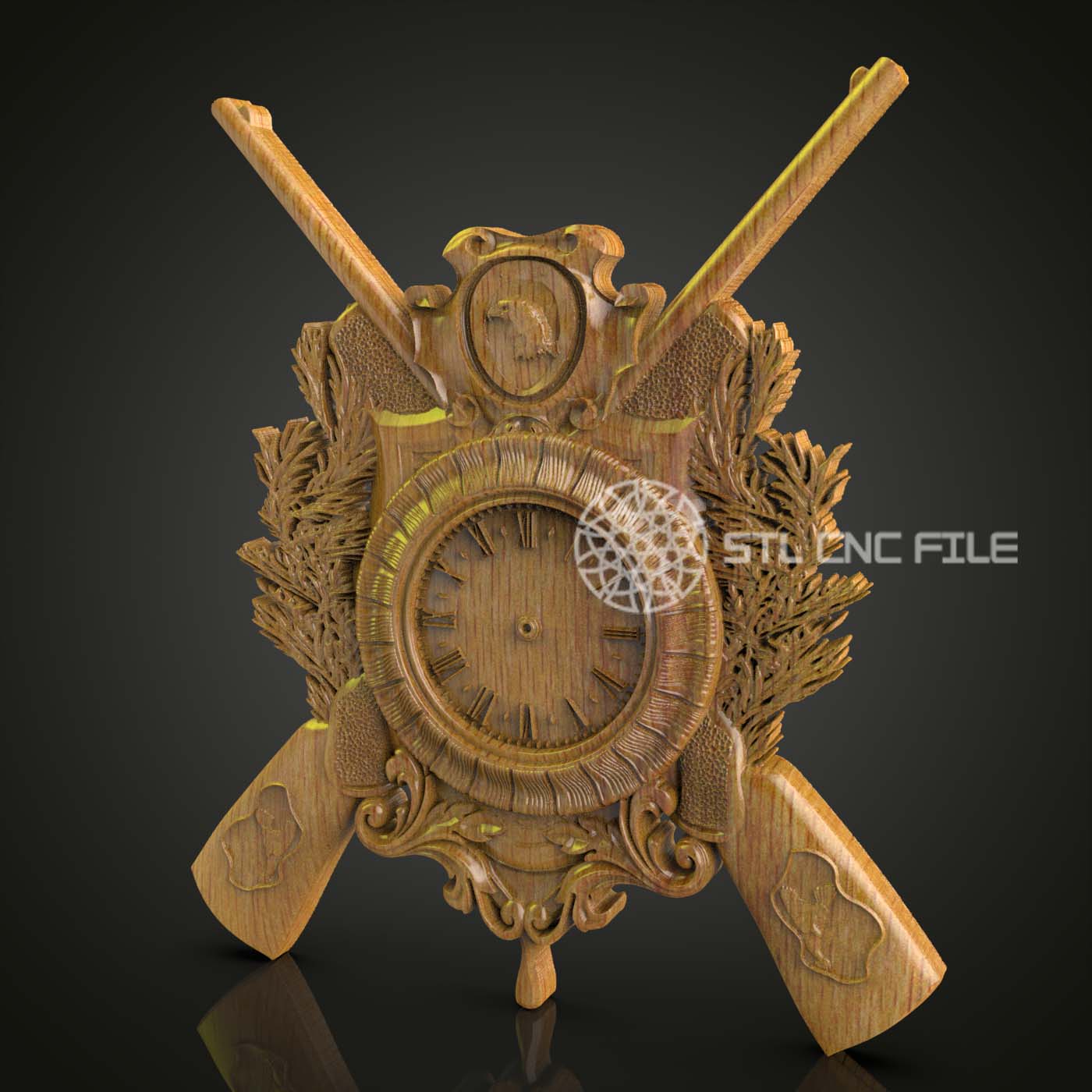 Ornamental Firearms and Leaf Clock STL Model for CNC Routing and Wood Art - Digital File for Artcam and Aspire