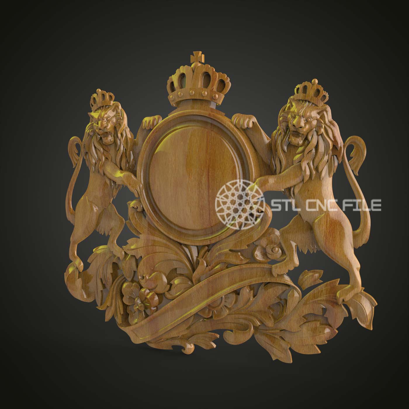 Twin Lions Crest 3D STL Model, CNC Engraving Ready, Fit for Artcam & Aspire, Luxurious Wood Wall Decor and Royal Art Piece