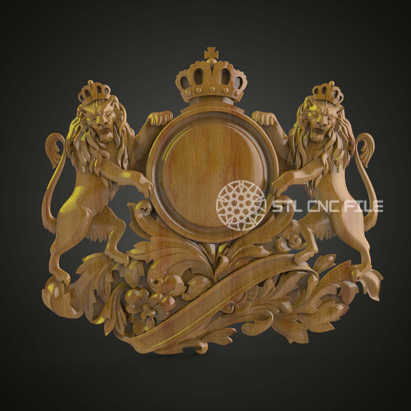 Twin Lions Crest 3D STL Model, CNC Engraving Ready, Fit for Artcam & Aspire, Luxurious Wood Wall Decor and Royal Art Piece