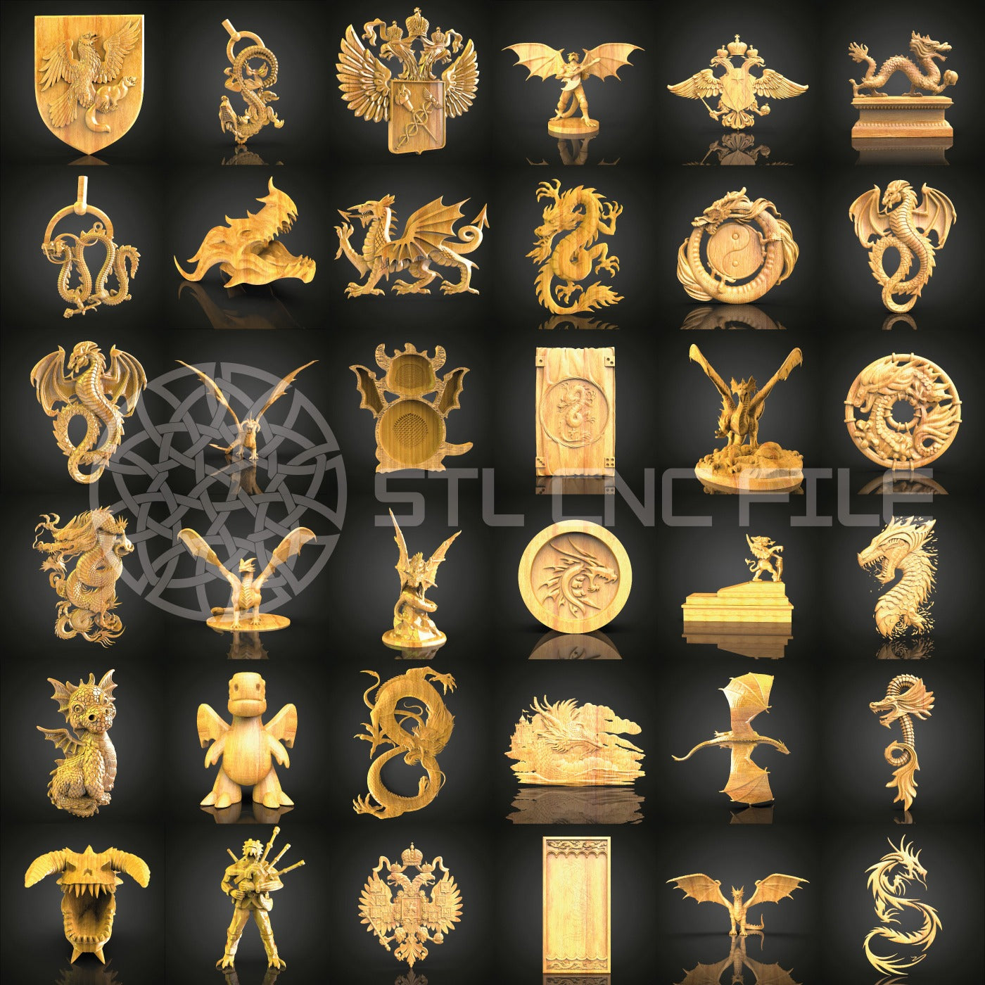 Ultimate 56-Piece Dragon Pack STL Models for CNC, Artcam Aspire Router Files, Mythical Dragon Wood Art Collection, Wall Decor CNC Engraving