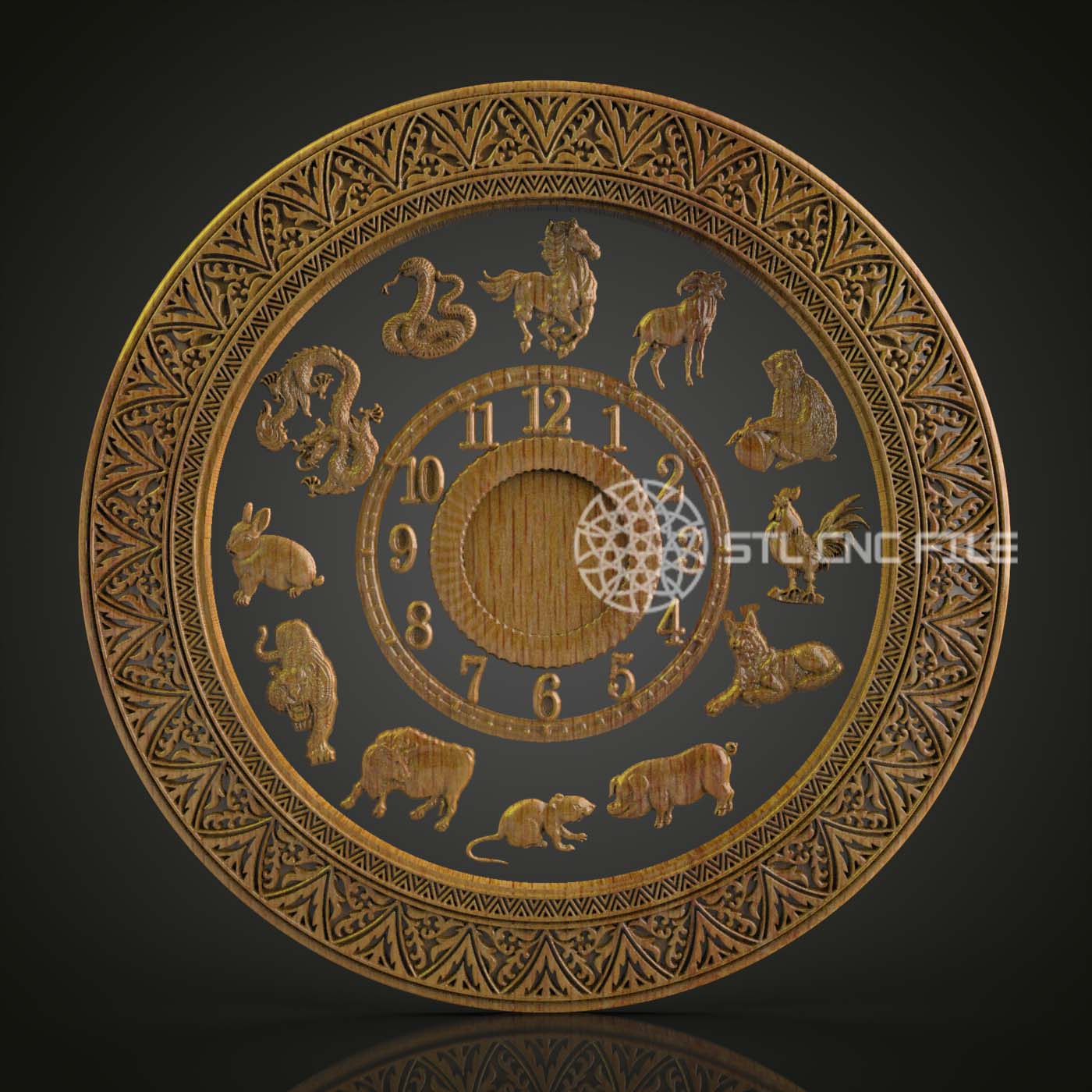 Zodiac Animals Clock STL Model - CNC Router Engraving Files for Astrological Wall Art, Artcam Aspire Compatible