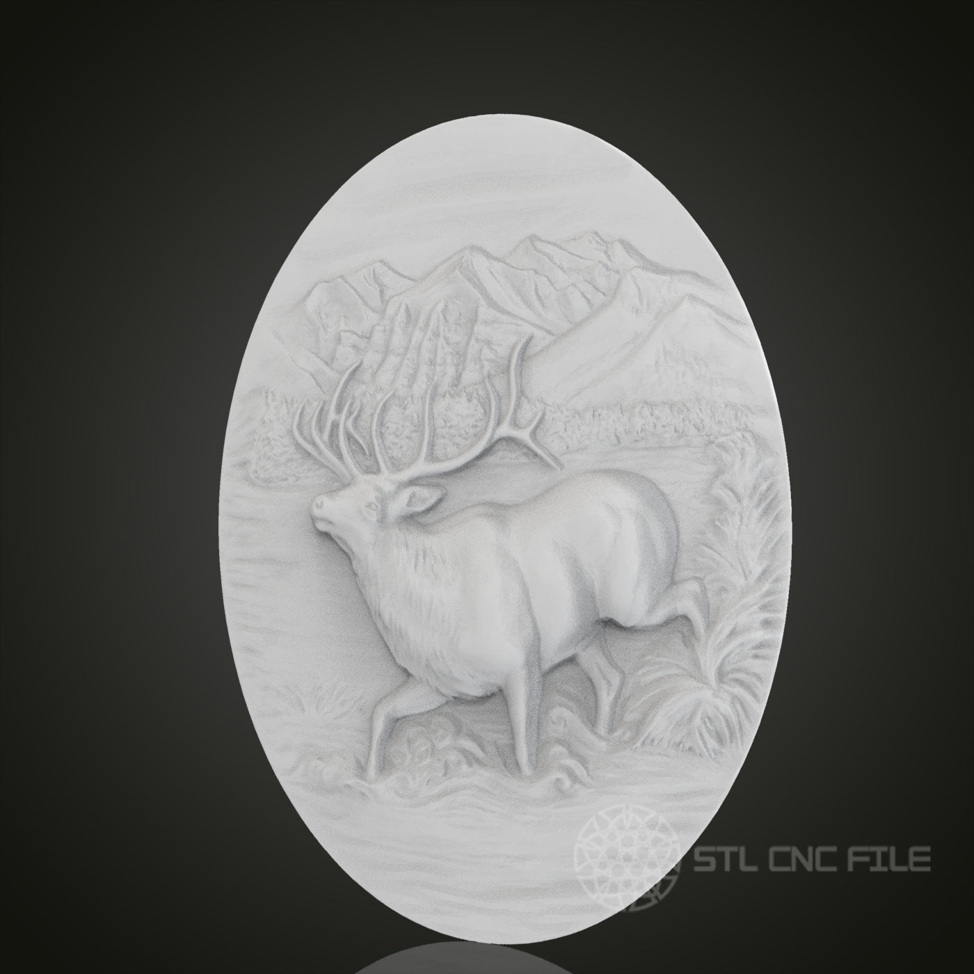Mountain Elk Oval 3D Relief Art for CNC Router, Artcam, Aspire, Wall Decor, STL Model, Compatible with 3D Printers