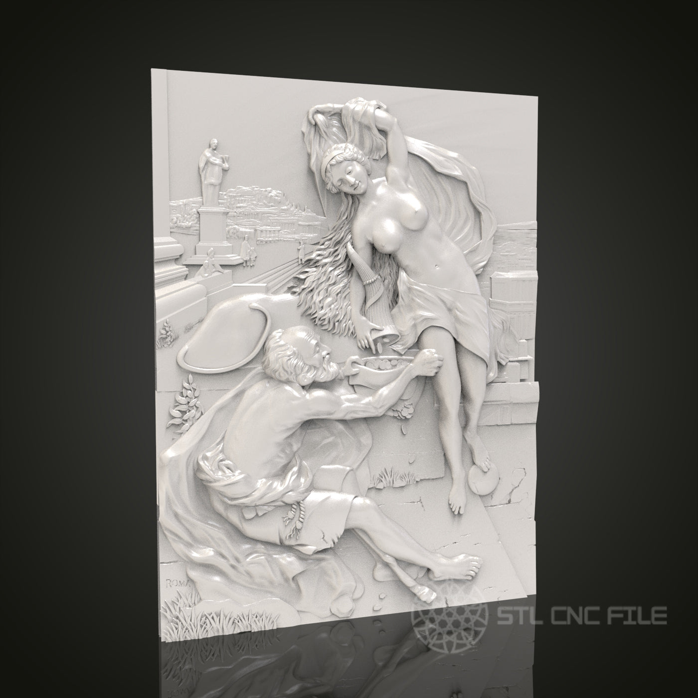 Mythical Encounter - Satyr and Nymph 3D CNC Engraved Wood Panel, Artcam Aspire STL Model for CNC Router, Classical Mythology Art