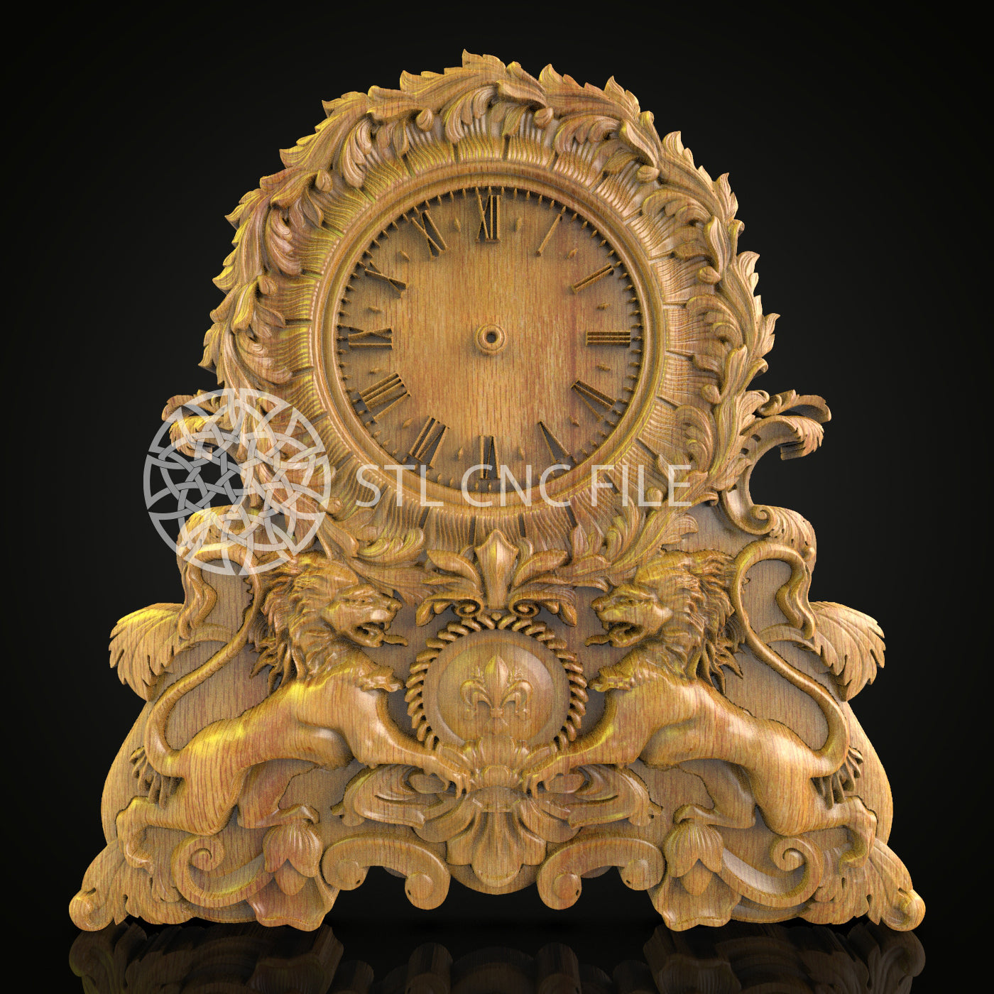Regal Lion Mantel Clock STL Model, Intricate Wood Carving for CNC Router, Artcam, Aspire Files, Majestic Wall Decor, CNC Wood Art