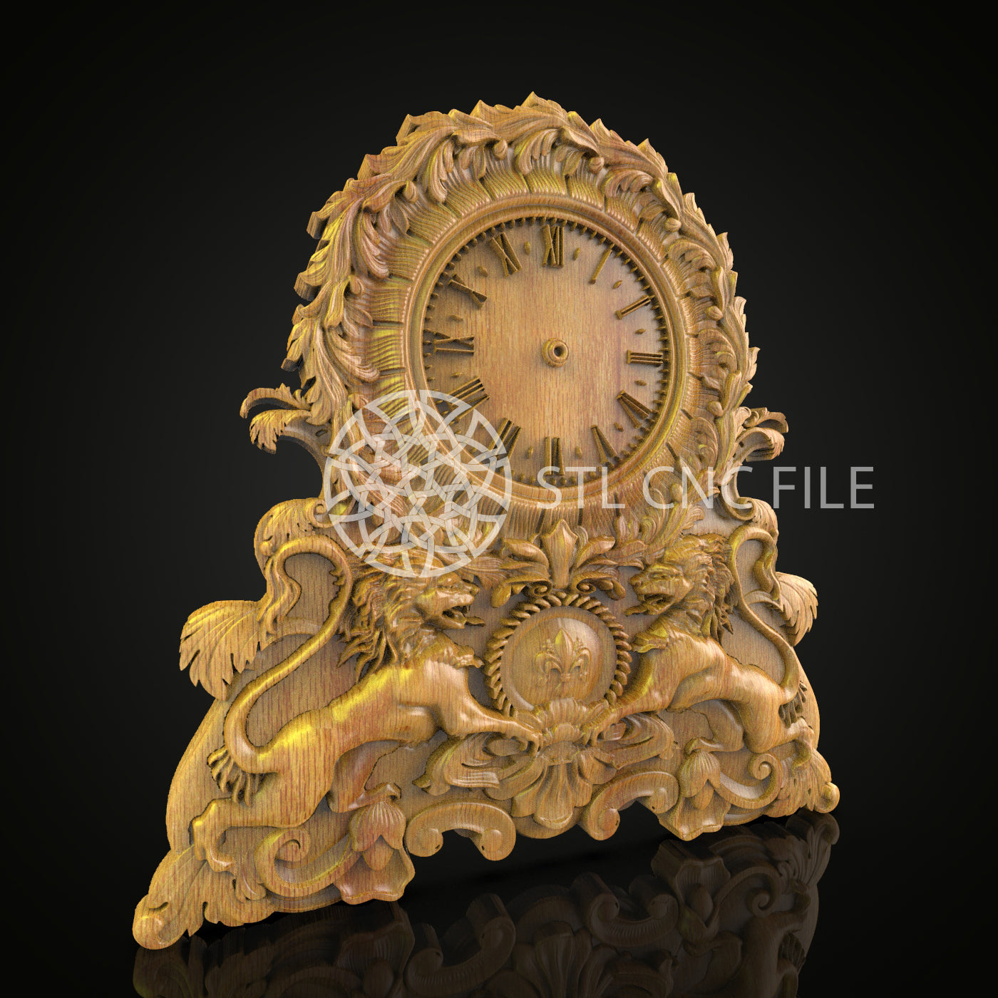 Regal Lion Mantel Clock STL Model, Intricate Wood Carving for CNC Router, Artcam, Aspire Files, Majestic Wall Decor, CNC Wood Art