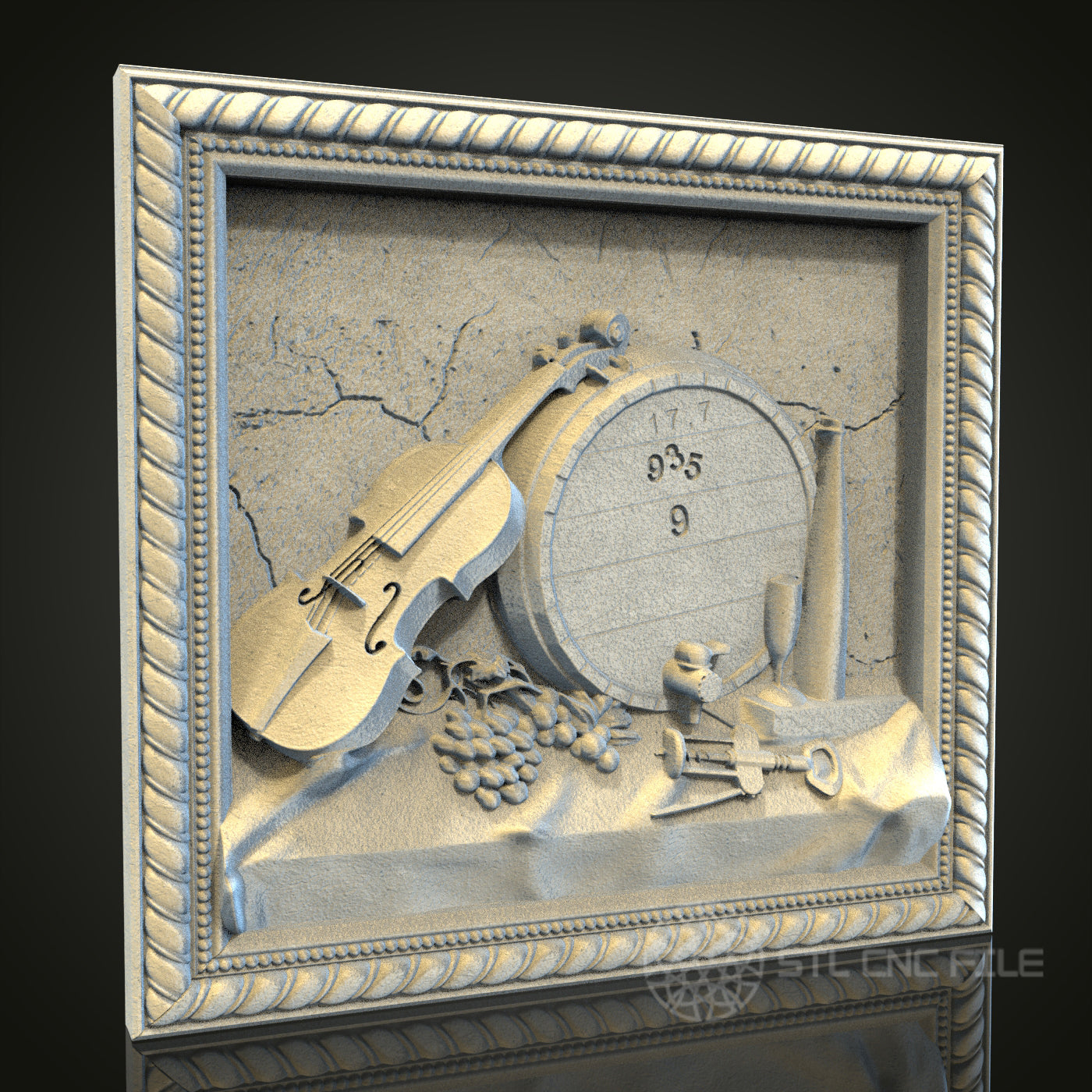 Vintage Wine and Violin Relief | STL Model for CNC Router, 3D Printer | Aspire, Artcam, CNC Files