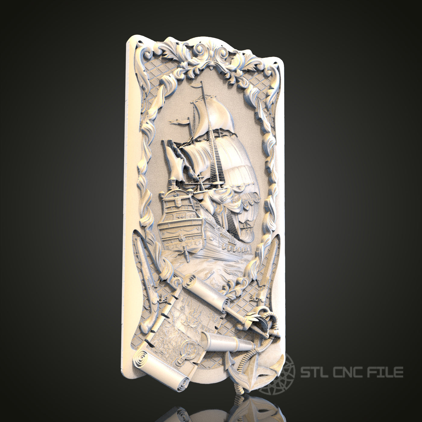 Vintage Sailing Ship 3D STL File, CNC and 3D Printer Model, Nautical Art, Artcam Aspire, Maritime Wall Decor