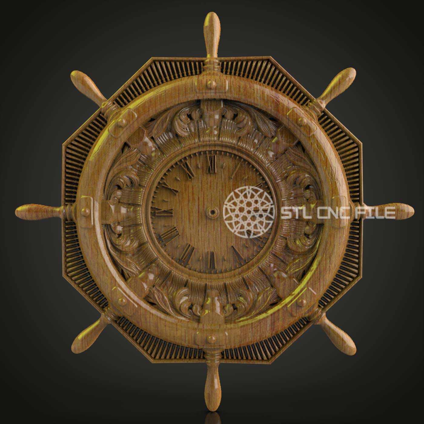 Nautical Ship Wheel Clock STL for CNC Router, Wood Artcam & Aspire, Maritime Wall Decor