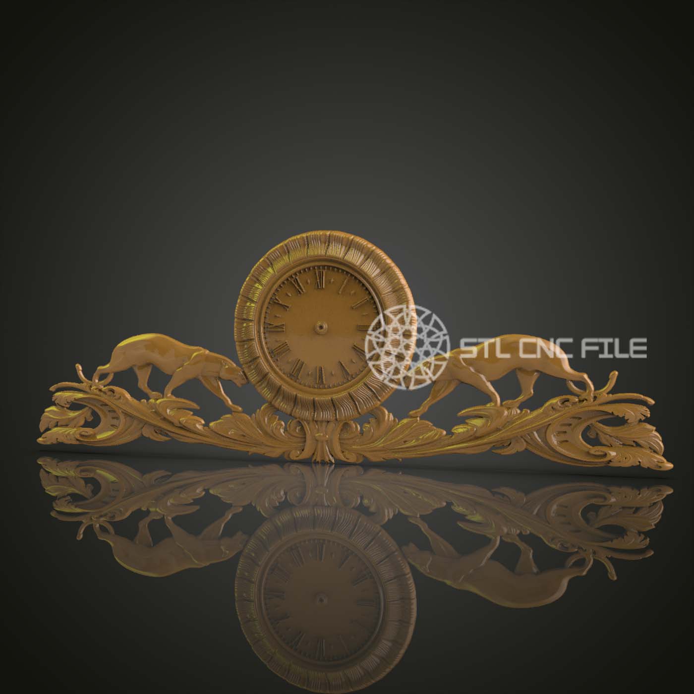 Elegant 3D Relief Clock with Leaping Gazelles STL Model for CNC Router Engraving, Luxurious Wood Art Wall Decor CNC Files for Artcam, Aspire
