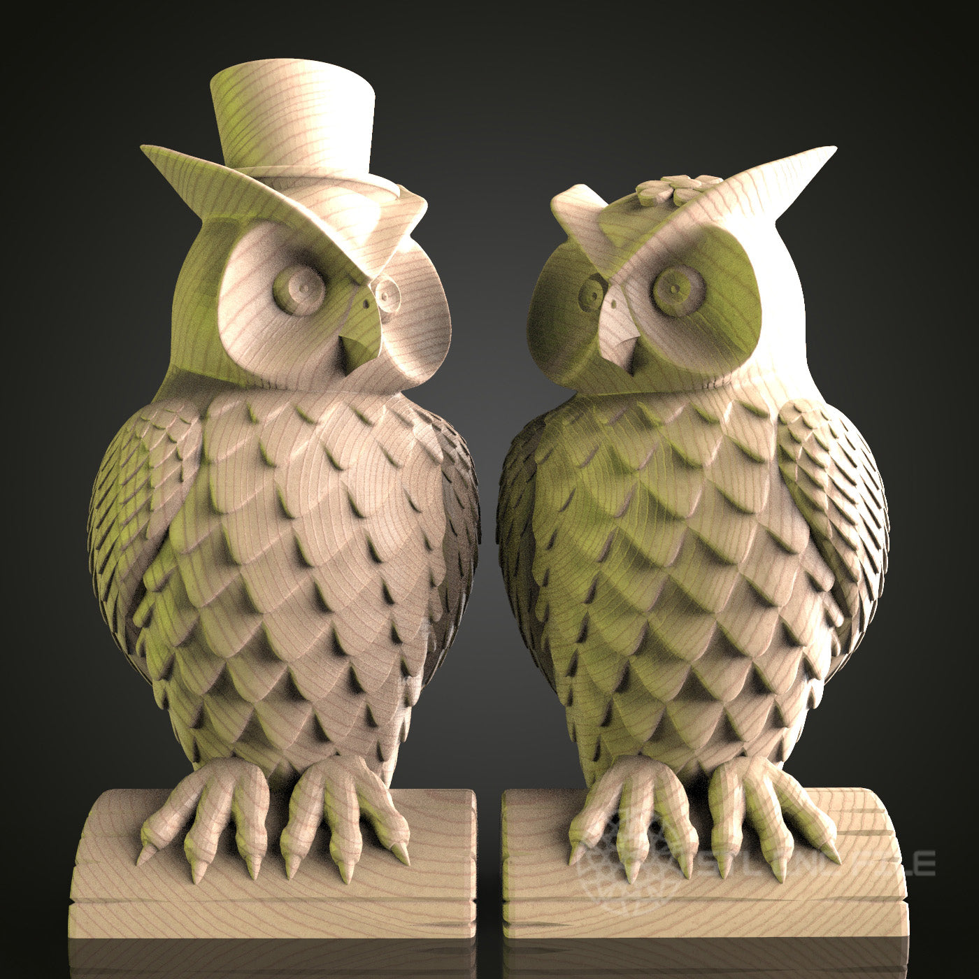Victorian Dressed Owls 3D Model STL File, Quirky Owl Couple for CNC Router – Compatible with Artcam, Aspire