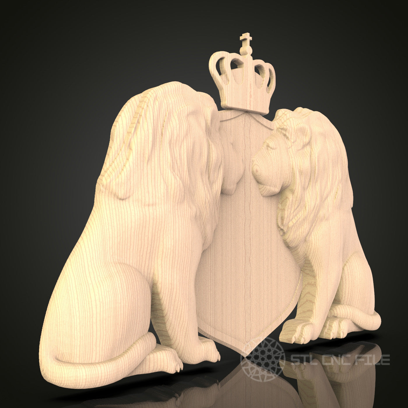 Regal Lions Crest 3D Model STL File, Royal Heraldic Emblem for CNC Router – Compatible with Artcam, Aspire