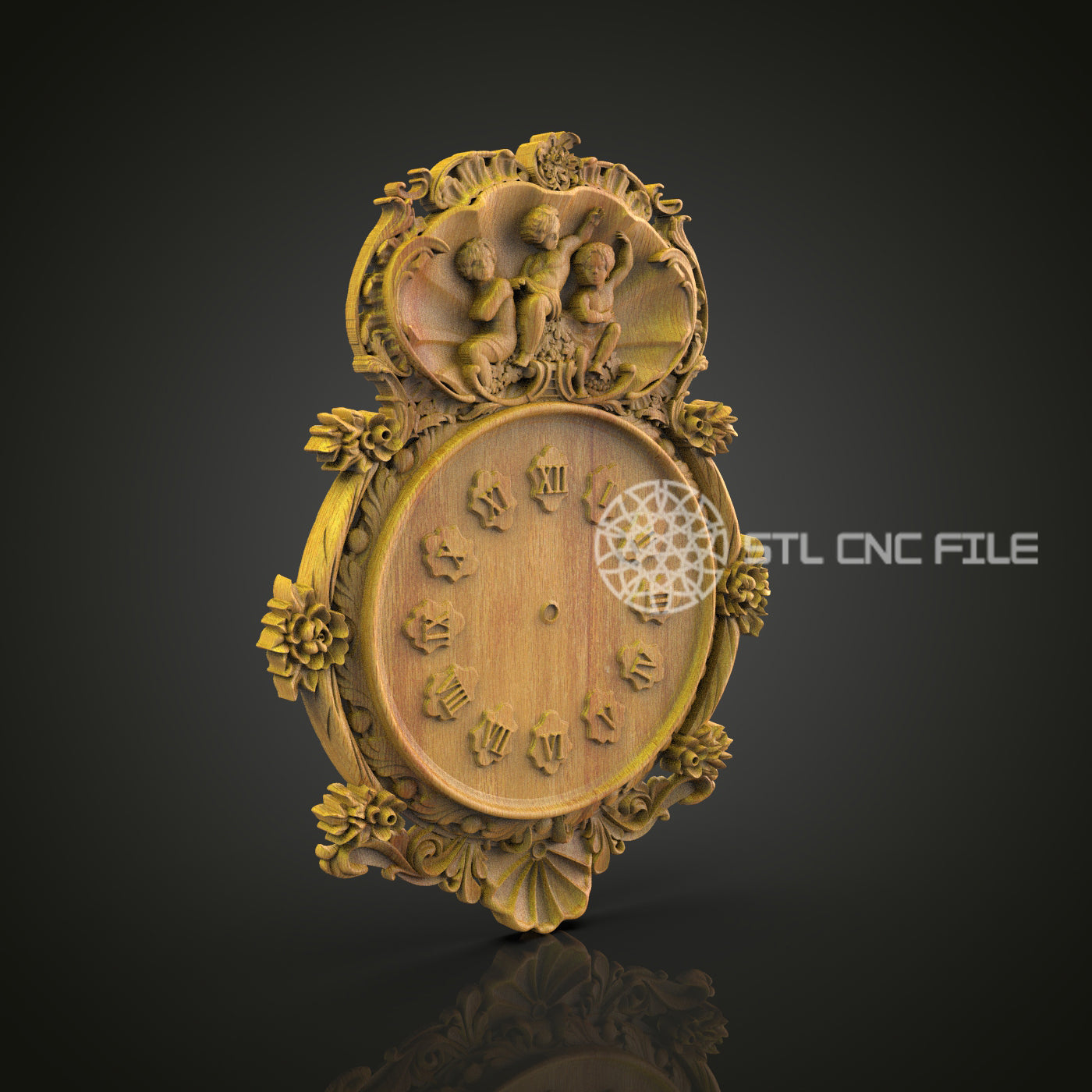 Cherub Ornament Clock STL, CNC Wall Decor, Floral Timepiece Design