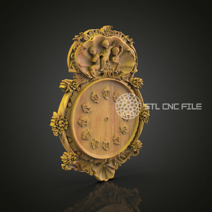 Cherub Ornament Clock STL, CNC Wall Decor, Floral Timepiece Design