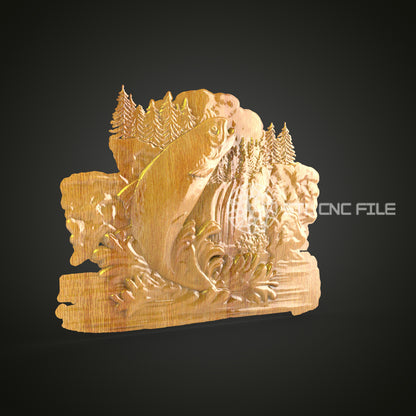 Jumping Trout Waterfall Scene 3D STL Model for CNC, Artcam & Aspire Compatible, Perfect for Rustic Cabin Wall Art