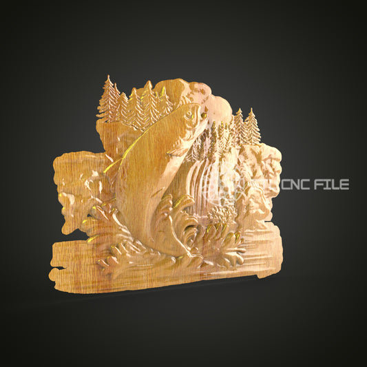 Jumping Trout Waterfall Scene 3D STL Model for CNC, Artcam & Aspire Compatible, Perfect for Rustic Cabin Wall Art