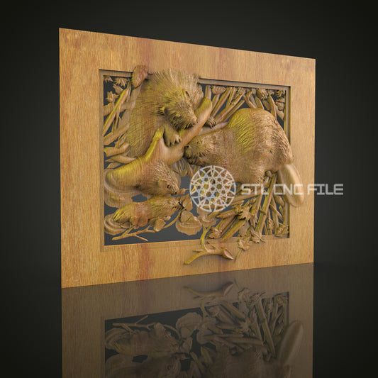Beaver Family at Work 3D STL Model, Ideal for CNC Routers, Artcam & Aspire Compatible, Nature-Inspired Wood Wall Art