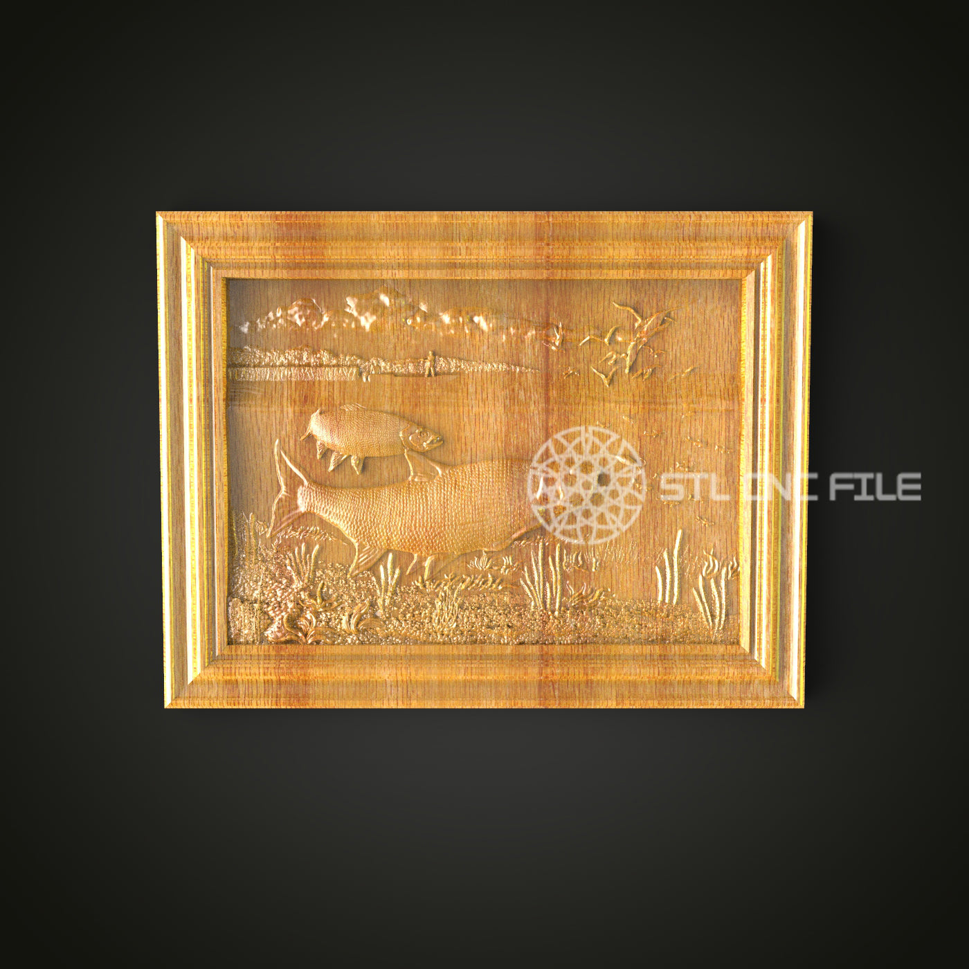 Serene Lake Fishing Scene 3D STL Model for CNC, Compatible with Artcam & Aspire, Ideal for Creating Wood Wall Art