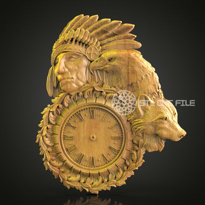 Tribal Chief Clock STL Model, CNC Router Engraving File, Artcam Aspire Artwork, Wildlife Wall Decor, Wood Carving 3D Design, CNC Digital