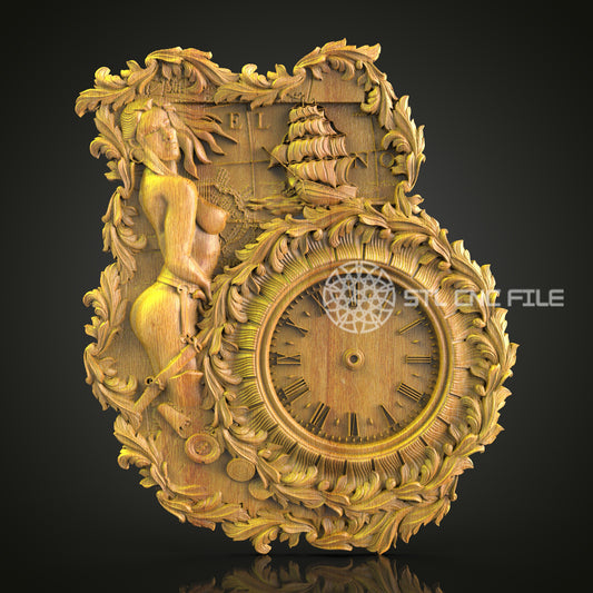 Baroque 3D STL Clock Model - CNC Router Files, Mythical Sea Art, Elegant Wall Decor, Wood Engraving