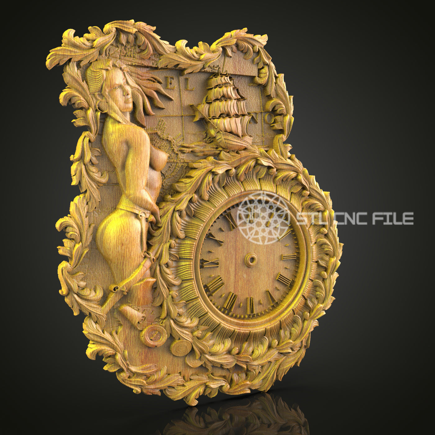 Baroque 3D STL Clock Model - CNC Router Files, Mythical Sea Art, Elegant Wall Decor, Wood Engraving