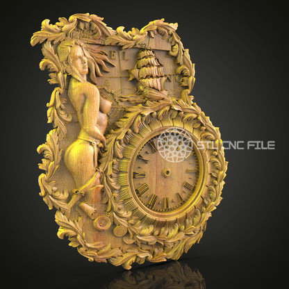 Baroque 3D STL Clock Model - CNC Router Files, Mythical Sea Art, Elegant Wall Decor, Wood Engraving