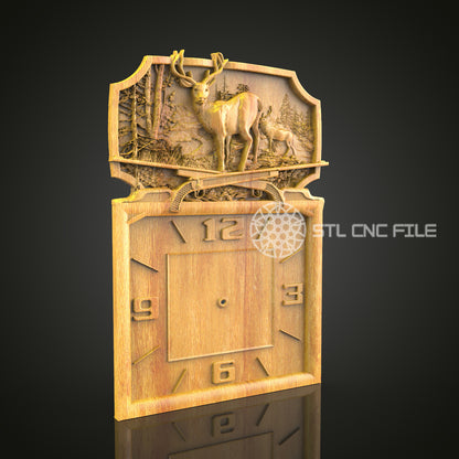 Rustic Fauna 3D STL Clock Model - CNC Woodworking Files, Deer Forest Scene, Artcam Aspire Engraver, Wall Art Decoration, CNC Router Design