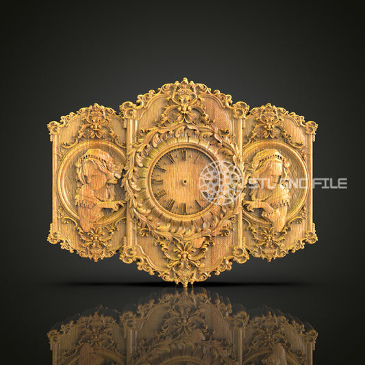 Classic Elegance 3D STL Clock Model - CNC Engraving, Renaissance-Inspired Art, Wood Wall Decor, CNC Router Files, Artcam Aspire Design