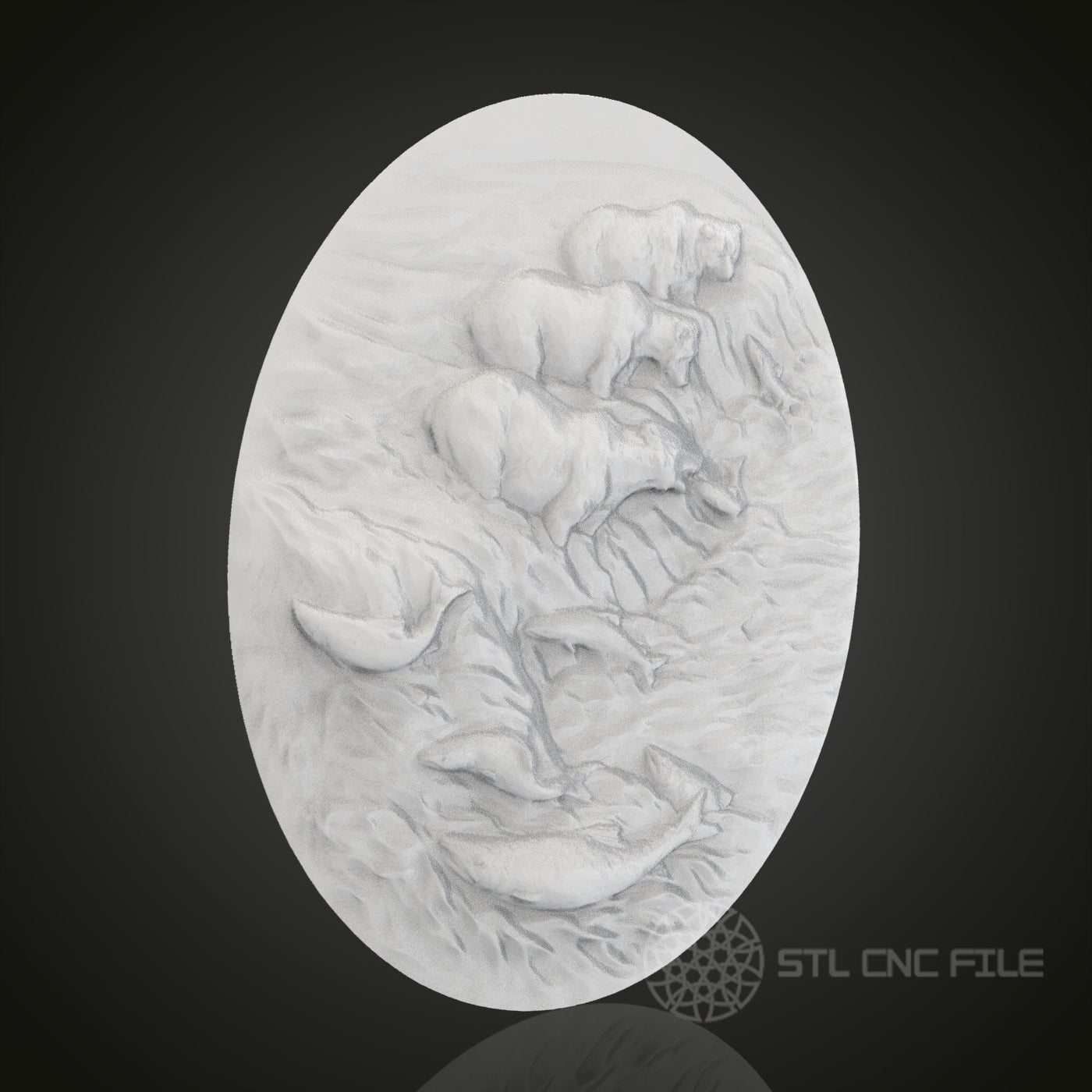 Bear Family and Salmon River Scene Oval 3D Relief Art for CNC Router, Artcam, Aspire, Wall Decor, STL Model, Compatible with 3D Printers