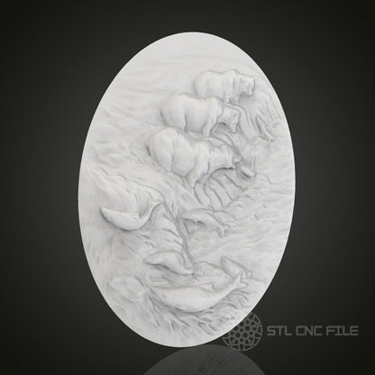 Bear Family and Salmon River Scene Oval 3D Relief Art for CNC Router, Artcam, Aspire, Wall Decor, STL Model, Compatible with 3D Printers