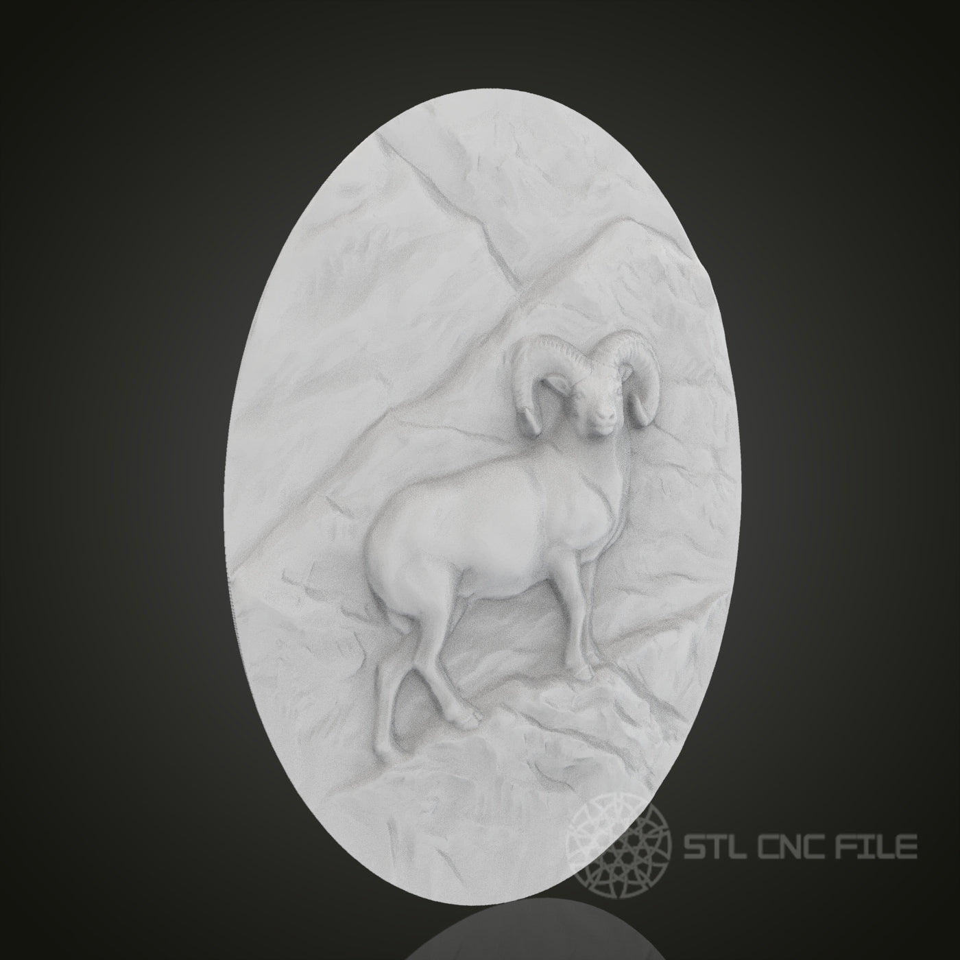 Mountain Ram Oval 3D Relief Art for CNC Router, Artcam, Aspire, Wall Decor, STL Model, Compatible with 3D Printers