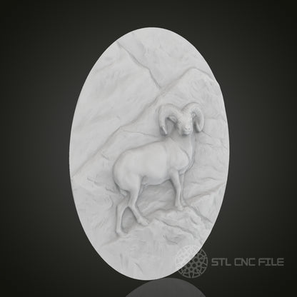 Mountain Ram Oval 3D Relief Art for CNC Router, Artcam, Aspire, Wall Decor, STL Model, Compatible with 3D Printers