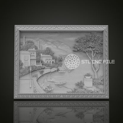 Mediterranean Village Relief STL File, Scenic CNC Carving Design with Ornate Frame for Artcam, Aspire