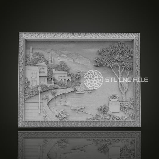 Mediterranean Village Relief STL File, Scenic CNC Carving Design with Ornate Frame for Artcam, Aspire
