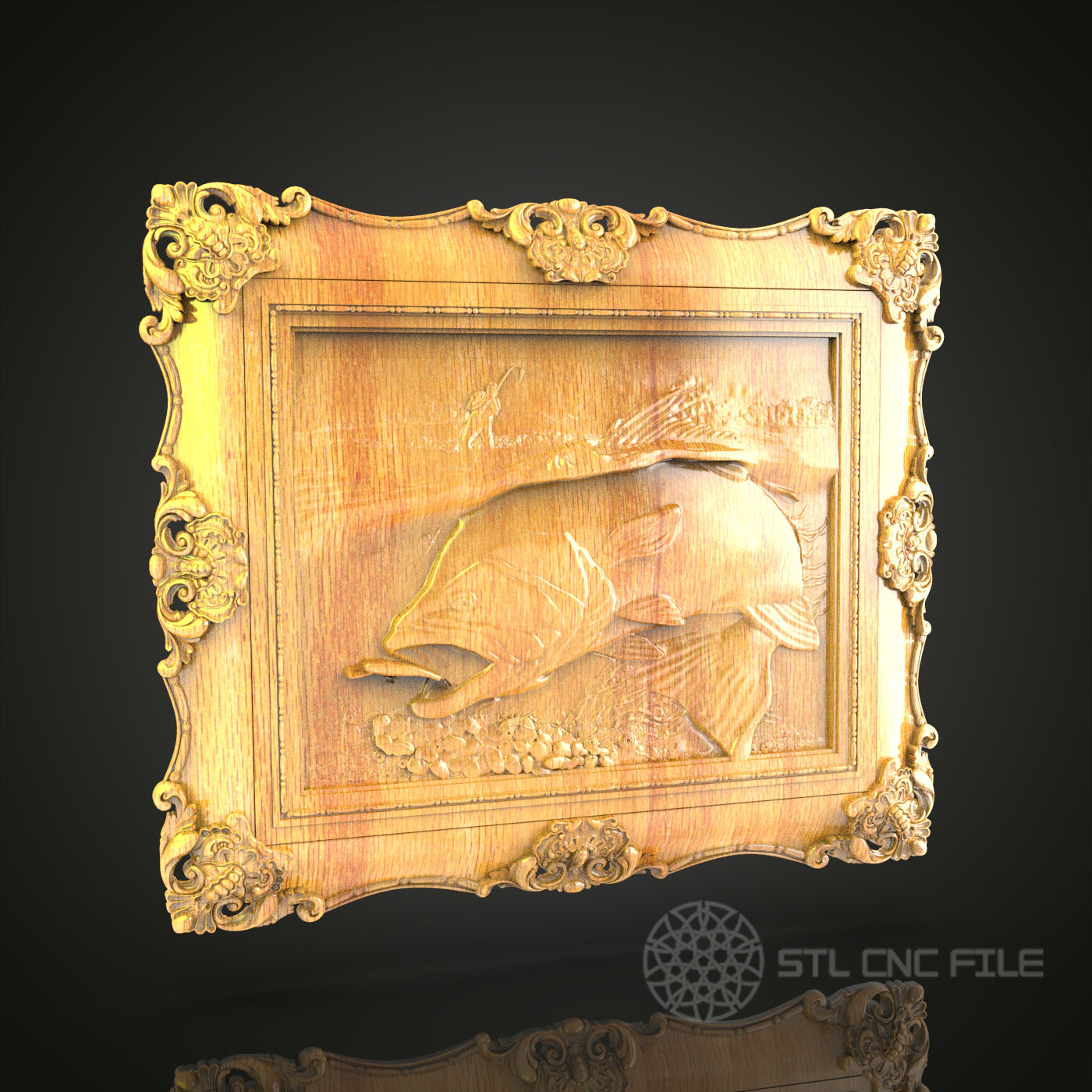 Classic Baroque Fish Relief 3D Model for CNC – Ornate Fishing Scene, Wood Carving File