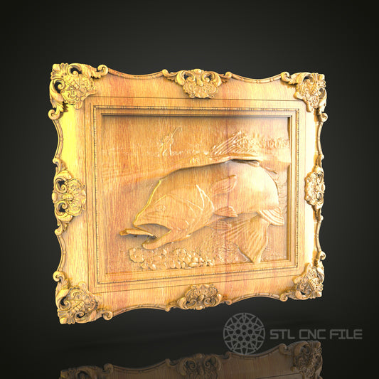 Classic Baroque Fish Relief 3D Model for CNC – Ornate Fishing Scene, Wood Carving File