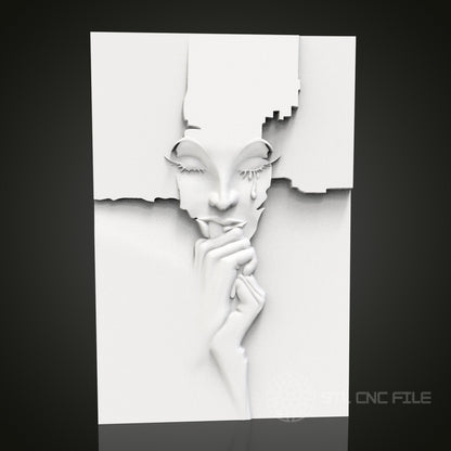 Abstract Crying Face - 3D CNC Engraved Wood Panel, Artcam Aspire STL Model for CNC Router, Emotional Wall Art