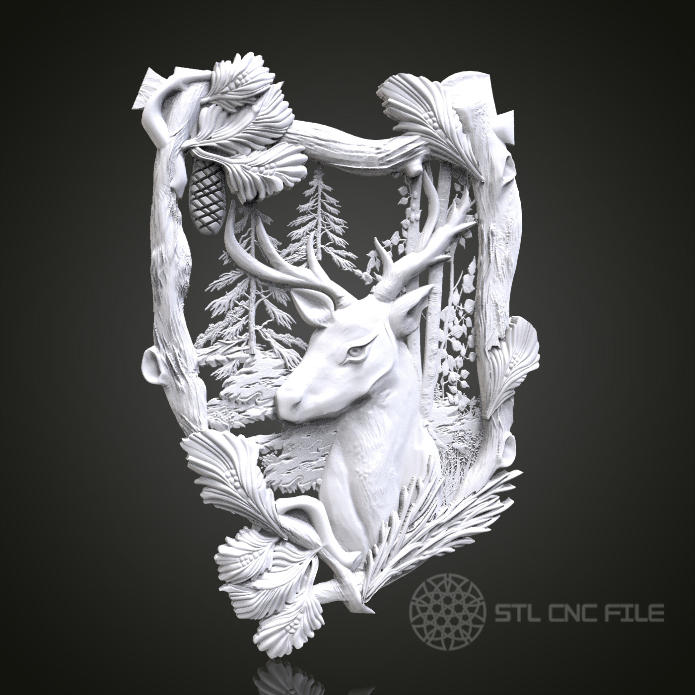 Majestic Stag - Forest 3D CNC Engraved Wood Panel, Artcam Aspire STL Model for CNC Router, Wildlife Wall Art