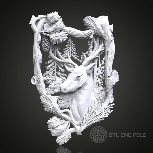 Majestic Stag - Forest 3D CNC Engraved Wood Panel, Artcam Aspire STL Model for CNC Router, Wildlife Wall Art
